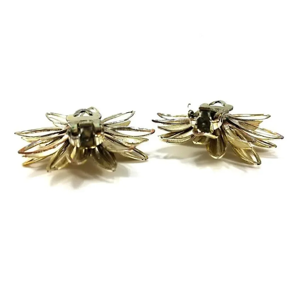 Vintage 1960s Gold Flower Clip Earrings Aurora Borealis Rhinestone